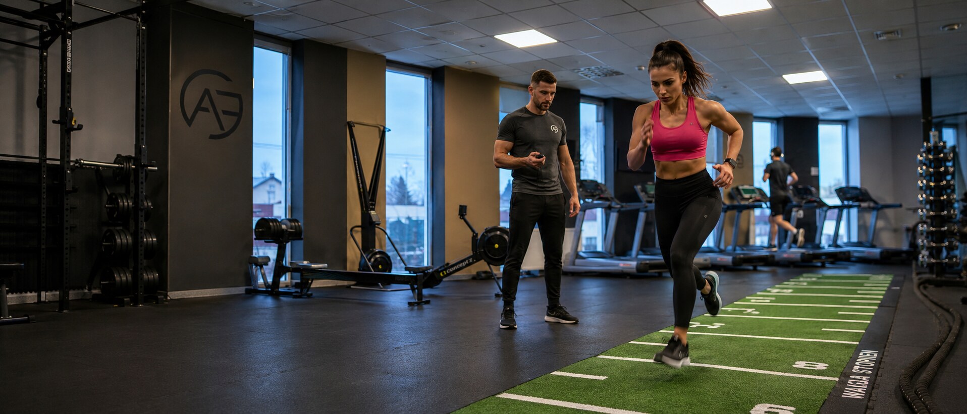 Sprint na bieżni agility w klubie AmeFit, trener mierzy czas